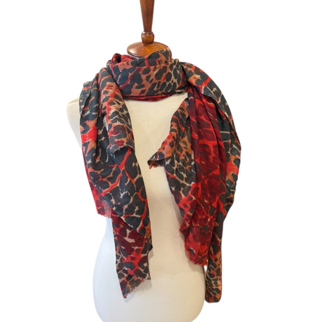 Leopard Print Silk And Cashmere Red Scarf
